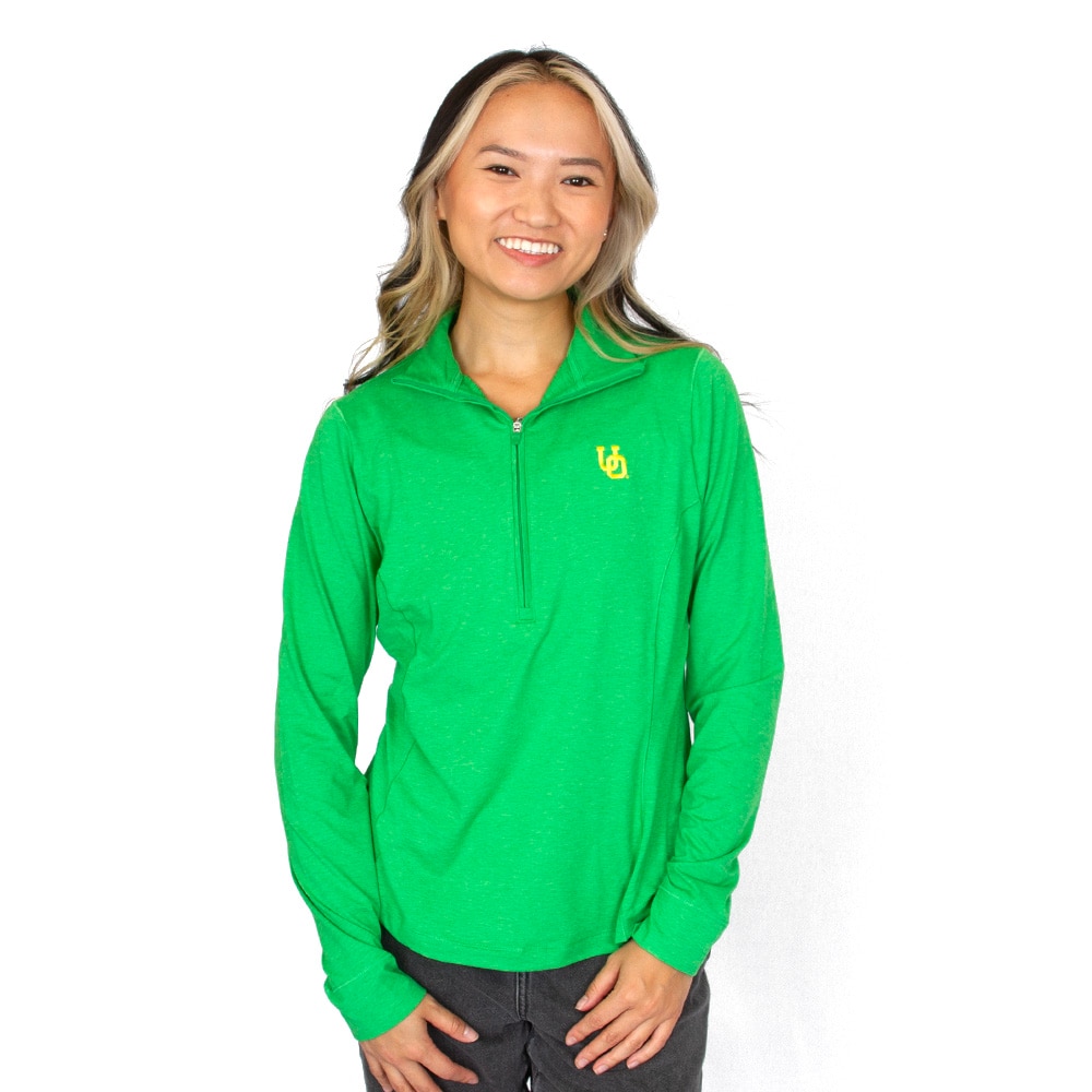 Ducks Spirit, Green, Pullover, Women, Johnny-O, Performance, UPF-50, Oregon design, 1/4-zip, Sweatshirt, 942937